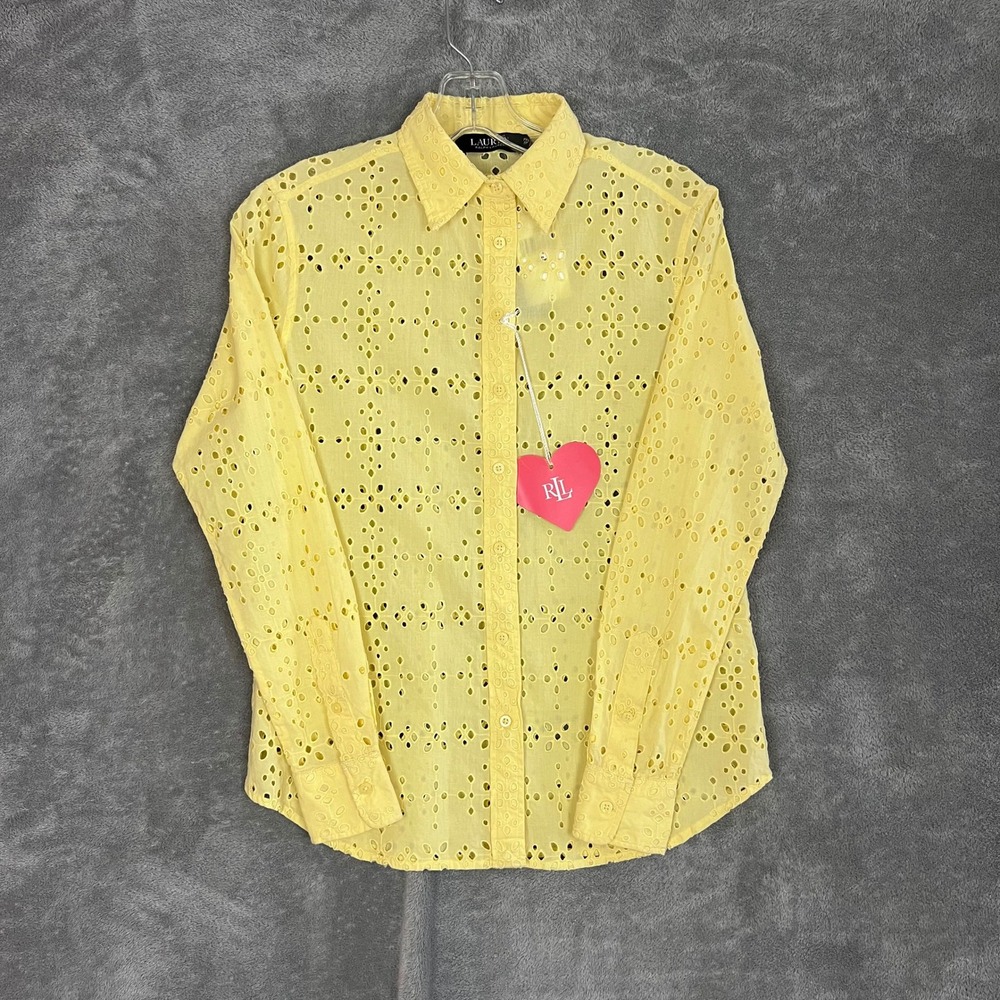 Lauren Ralph Lauren Long Sleeve Shirt Womens XS Yellow Eyelet Cotton Boho NWT